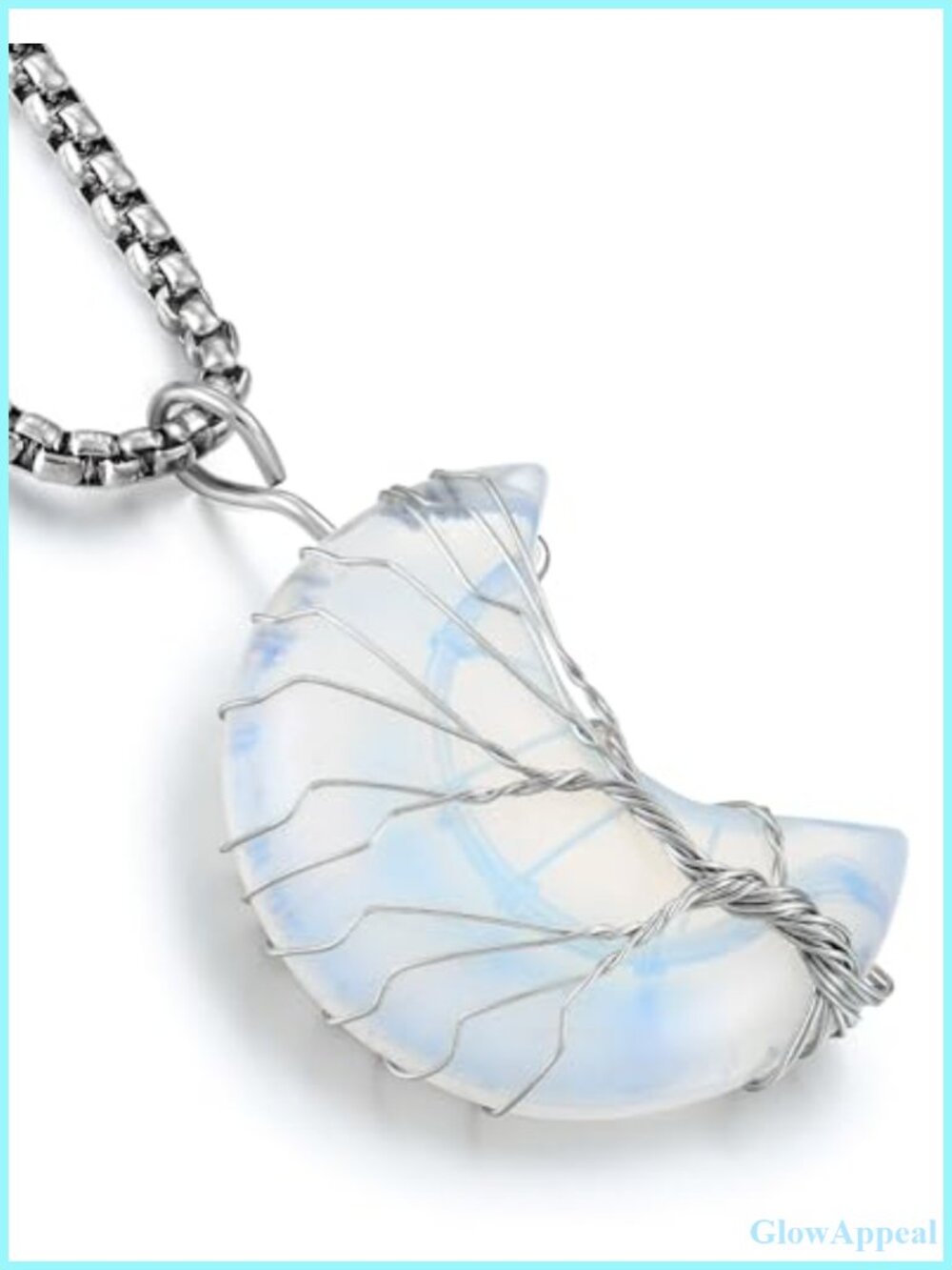 Crescent Moon Healing Crystal Necklace 18k White Gold Plated Stainless Steel